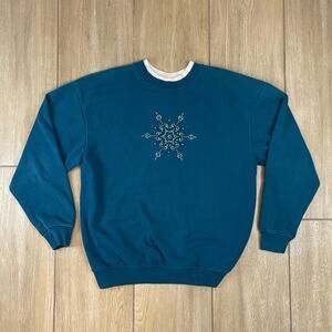 Vintage Snowflake Embroidered Sweatshirt Womens L Teal Winter Christmas Crewneck